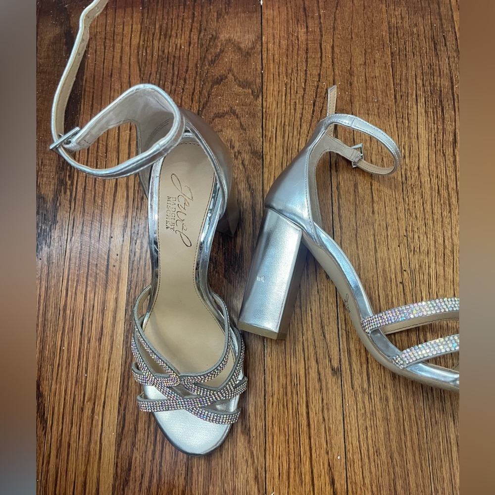 Jewel Badgley Mischka Silver Multi Color Rhinestone SilverAnkle-Strap Block Heel